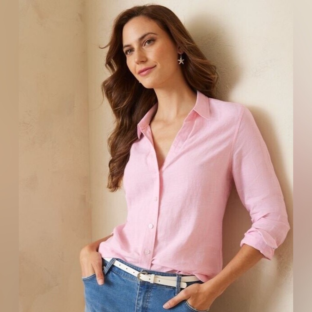 Tommy Bahama Light Pink Button Down Blouse Linen Size XS